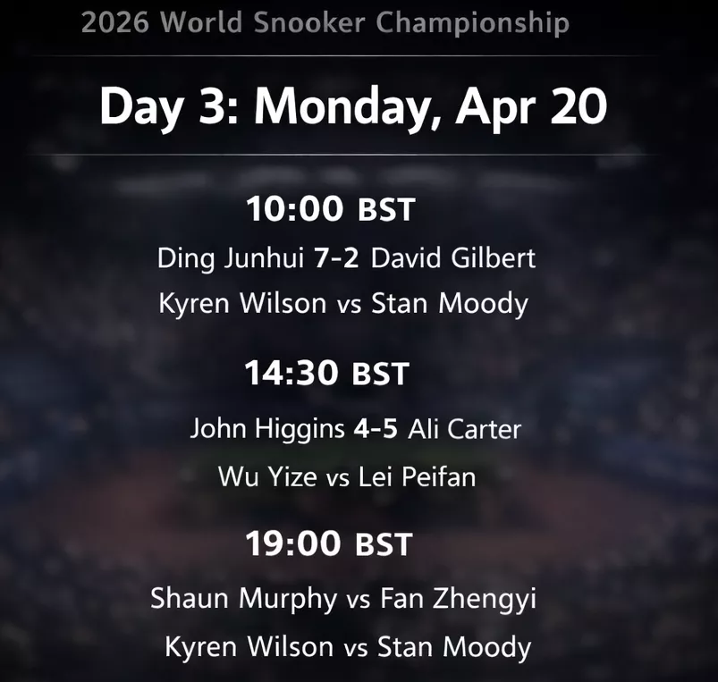 2026 World Snooker Championship day 3 schedule
